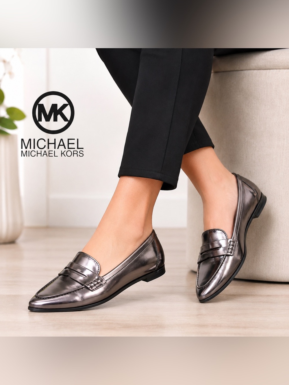 Michael Kors Metallic Gunmetal Leather Penny Loafers Women’s Size 5.5M